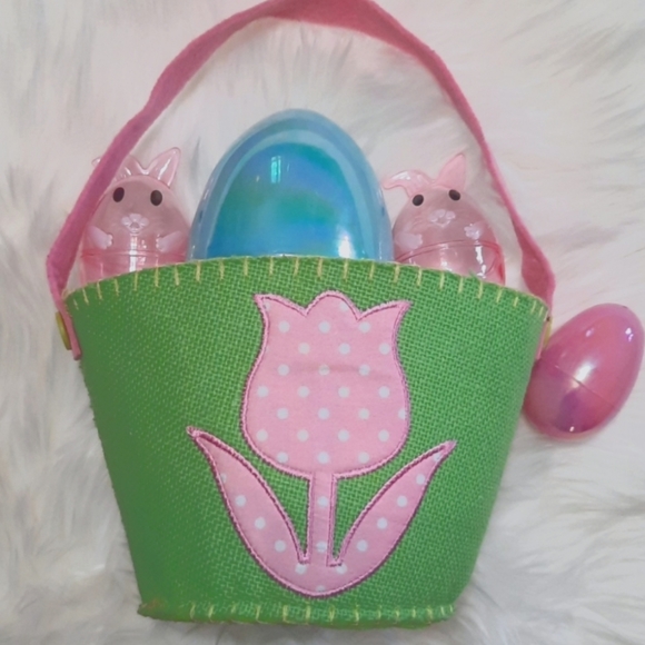 Lime Easter Basket with Pink Flower Apilque-Burlap Canvas Material - Picture 8 of 9